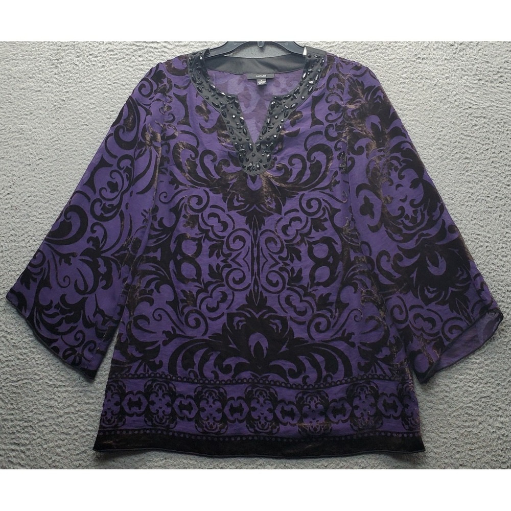 Alfani Burnout Tunic Top Womens 8 Multi Pattern Long Sleeve Beaded V-Neck